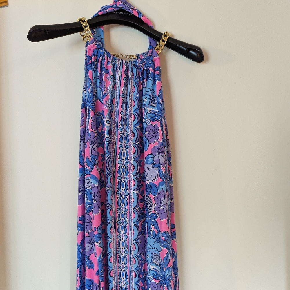 Lily Pulitzer Bingham Halter Midi Dress With Matching Tie Band Gold Chain